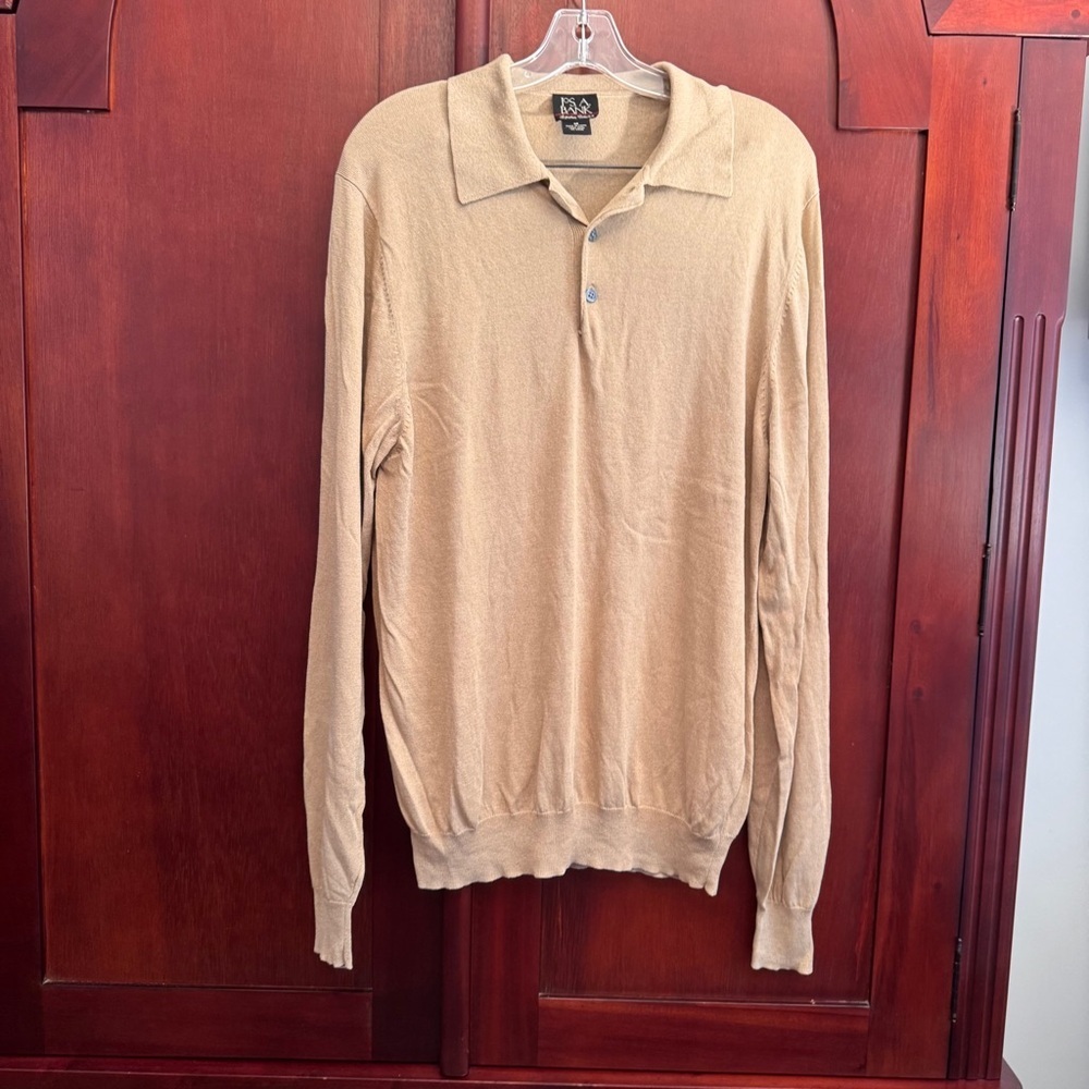 Joseph A Bank Mens Medium 100% Silk Polo Sweater Signature Collection Tan